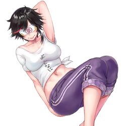  :p arm_up black_hair blindfold breasts clothes_writing collarbone commentary covered_eyes facing_viewer female indie_virtual_youtuber medium_breasts midriff minori_yumeko multicolored_hair navel pants parted_bangs pocket purple_pants shirt short_hair short_sleeves shu-mai simple_background smile solo stomach streaked_hair t-shirt tied_shirt tongue tongue_out track_pants translated virtual_youtuber white_background white_shirt 