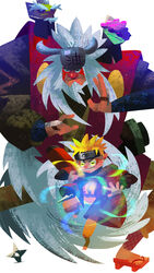  absurdres beard blonde_hair cloak facial_hair facial_mark fighting_stance forehead_protector frog_eyes fukasaku_(naruto) galgard geta goatee highres japanese_clothes jiraiya kunai long_hair multiple_boys naruto naruto_shippuuden rasengan red_nose scroll shima_(naruto) shuriken silver_hair spiked_hair stylized uzumaki_naruto very_long_hair weapon whiskers 