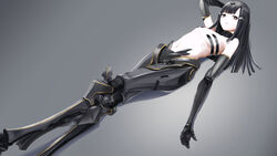  android black_hair blunt_bangs brown_eyes commentary_request expressionless female girls&#039;_frontline highres hime_cut joints long_hair lying mechanical_arms navel nyto_(generic)_(girls&#039;_frontline) nyto_(girls&#039;_frontline) on_back pale_skin paradeus ribs robot_joints sanderson simple_background single_mechanical_arm topless 