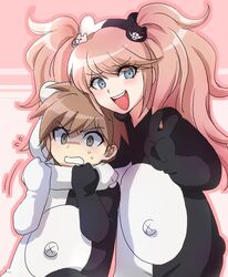  1boy animal_costume bear_costume blue_eyes blush brown_hair commentary_request cosplay danganronpa:_trigger_happy_havoc danganronpa_(series) enoshima_junko female green_eyes hanjuku_tomato long_hair monokuma monokuma_(cosplay) naegi_makoto pink_hair short_hair smile spoilers twintails v 