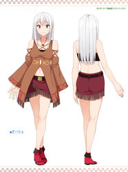  ankle_boots bare_shoulders belt blue_eyes blush boots bra braid commentary_request crossed_legs detached_sleeves female fringe_trim gargantia_contest highres long_hair looking_at_viewer multiple_views navel original photoshop_(medium) reference_sheet side_braid silver_hair skirt smile standing strapless suisei_no_gargantia tube_top turnaround underwear watson_cross yuki_usagi_(mofurafu) 