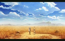  2girls absurdres animal_ears backpack bad_id bad_twitter_id bag black_hair blonde_hair blue_sky cloud commentary day dress grass hat highres kaban_(kemono_friends) kemono_friends landscape letterboxed mountain multiple_girls outdoors savannah scenery serval_(kemono_friends) shishi_osamu short_hair sky tail tree 