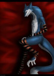  clothing conditional_dnp dacad fingerless_gloves gloves handwear hi_res legwear looking_at_viewer lying male sergal solo stockings 