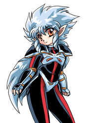  bad_id bad_pixiv_id bodysuit brown_eyes drill_hair drill_sidelocks elbow_gloves female fingerless_gloves gloves iczer-3 iczer_(series) iczer_densetsu long_hair okuri_ookami pointy_ears sidelocks silver_hair smile solo white_background 