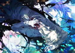  3boys aqua_eyes blonde_hair blood blue_eyes brown_hair commentary death earrings elliot_nightray formal gloves grey_hair jewelry leo_(pandora_hearts) male_focus multiple_boys no_eyes oz_vessalius pandora_hearts photoshop_(medium) qike_xiu spoilers white_gloves 