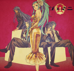  4boys bluespeaker brothers commentary_request elbow_gloves female formal gemini_(symbol) gemini_(zodiac) gemini_aspros gemini_defteros gemini_kanon gemini_paradox gemini_saga gloves looking_at_viewer multiple_boys saint_seiya saint_seiya:_the_lost_canvas saint_seiya_omega siblings twins zodiac 