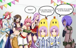  6+girls :d :o animal_ears ass azura_(fire_emblem) azura_(fire_emblem)_(cosplay) b1_(bananas_in_pyjamas) b1_(bananas_in_pyjamas)_(cosplay) b2_(bananas_in_pyjamas) b2_(bananas_in_pyjamas)_(cosplay) banana_costume bananas_in_pyjamas bikini black_bikini breasts brown_hair cleavage collarbone commentary commission cosplay crossed_arms cupcake dark-skinned_female dark_skin dc_comics english_commentary english_text euryale_(fate) facial_mark fate/grand_order fate_(series) fire_emblem fire_emblem_fates food forehead_mark fox_ears fox_girl fox_tail frankenstein&#039;s_monster_(fate) hair_over_eyes hassan_of_serenity_(fate) large_breasts long_hair mata_hari_(fate) medusa_(fate) medusa_(rider)_(fate) metal_gear_(series) metal_gear_solid_v:_the_phantom_pain multiple_girls open_mouth pantyhose pink_hair purple_hair quiet_(metal_gear) quiet_(metal_gear)_(cosplay) seijuu_sentai_gingaman shelinda shelinda_(cosplay) siblings smile soulcalibur stheno_(fate) strapless streamers super_sentai swimsuit sword tail talim talim_(cosplay) tamamo_(fate) tamamo_no_mae_(fate/extra) the-sinner tiara torn_clothes torn_pantyhose tube_top twins very_long_hair weapon wonder_woman wonder_woman_(cosplay) wonder_woman_(series) 