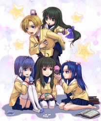  1boy 4girls barefoot book clannad commentary_request cup fujibayashi_ryou ibuki_fuuko ichinose_kotomi miyazawa_yukine multiple_girls pantyhose saiha school_uniform sunohara_youhei teacup thighhighs 