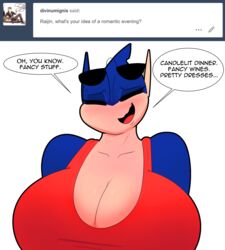  2018 amphibian anthro big_breasts blush breasts capdocks cleavage closed_eyes clothed clothing dress ellipsis english_text eyewear fan_character female generation_6_pokemon greninja hi_res huge_breasts nintendo non-mammal_breasts open_mouth pokemon pokemon_(species) raijin_(capdocks) red_clothing red_dress simple_background smile solo speech_bubble sunglasses text white_background 