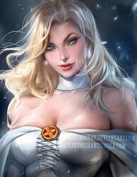  banned_artist bare_shoulders blonde_hair blue_eyes breasts choker earrings emma_frost jewelry large_breasts lips long_hair marvel parted_lips sakimichan shiny shiny_skin solo upper_body watermark web_address x-men 