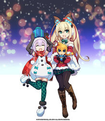  2girls absurdres ankle_boots azure_striker_gunvolt black_gloves blonde_hair blue_eyes blurry bokeh boots brown_footwear cross-laced_footwear depth_of_field doll elbow_gloves fur_boots gift gloves gunvolt hatakeyama_yoshitaka highres joule_(gunvolt) knee_boots lace-up_boots light_purple_hair lumen_(gunvolt) merry_christmas multiple_girls pantyhose santa_costume scarf thighhighs white_footwear 