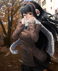  black_hair breath brown_eyes commentary_request earmuffs female kimishima_kana kiseijuu long_hair looking_at_viewer photoshop_(medium) scarf school_uniform skirt tanukimaso tree 