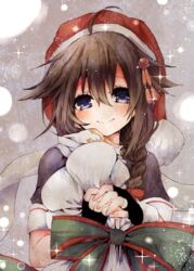  ahoge black_gloves blue_eyes braid brown_hair christmas commentary cover cover_page edo. female fingerless_gloves gloves hair_flaps hair_ornament hair_ribbon hat jewelry kantai_collection ribbon ring sack santa_hat scarf school_uniform serafuku shigure_(kancolle) shigure_kai_ni_(kancolle) single_braid smile 