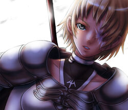  armor blonde_hair bodysuit boken_fantasy claymore_(series) collarbone commentary_request female grey_eyes hair_over_one_eye one-eyed parted_lips rafaela scar short_hair solo sword sword_behind_back weapon 