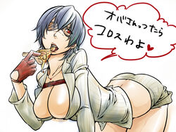  belt black_hair breasts capcom cleavage devil_may_cry devil_may_cry_3 devil_may_cry_4 eating female food gloves gradient gradient_background jacket lady lady_(devil_may_cry) large_breasts pizza red_eyes short_hair shorts solo sunglasses tawapo translation_request white_background 