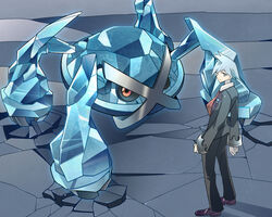  1boy claws closed_mouth comiket_87 commentary_request crack formal grey_eyes grey_hair long_sleeves looking_at_viewer looking_back metagross metal pokemon pokemon_(creature) pokemon_oras red_eyes shiny spiked_hair steven_stone suit total9 