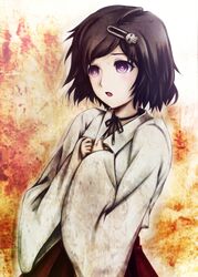  1boy black_hair cofi_(eternal) commentary_request hair_ornament hairclip japanese_clothes male_focus miko open_mouth otoko_no_ko purple_eyes short_hair solo steins;gate urushibara_ruka 