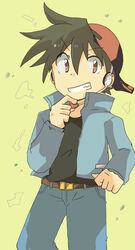  1boy backwards_hat baseball_cap black_hair black_shirt brown_eyes feet_out_of_frame grin hand_up hat headset jacket long_sleeves looking_at_viewer male_focus open_mouth pants pokemon pokemon_gotta_catch_&#039;em_all red_hat shirt shuu_(pgdz) smile solo standing tyanome v-shaped_eyebrows 