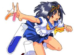  asuka_120_percent blue_hair blue_sailor_collar bow commentary_request dark_blue_hair female honda_asuka looking_at_viewer open_mouth oyatsu_(mk2) red_eyes ribbon sailor_collar school_uniform serafuku simple_background skirt smile solo test_tube white_background yellow_bow 