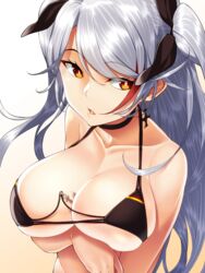  anchor_symbol azur_lane bikini black_bikini black_choker black_ribbon blush breasts brown_eyes choker cleavage collarbone commentary_request cross cross_earrings earrings female flag_print floating_hair german_flag_bikini grey_hair hair_ribbon iron_cross jewelry large_breasts long_hair looking_at_viewer mole multicolored_hair official_alternate_costume open_mouth prinz_eugen_(azur_lane) prinz_eugen_(unfading_smile)_(azur_lane) red_hair ribbon sideboob sidelocks simple_background skindentation smile solo streaked_hair swimsuit two_side_up underboob very_long_hair yagitori 