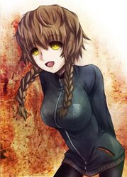  amane_suzuha arms_behind_back braid breasts brown_hair cofi_(eternal) commentary_request female jacket large_breasts long_hair open_mouth solo steins;gate track_jacket twin_braids yellow_eyes 