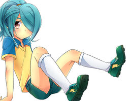  1boy aichi_shiho bad_id bad_pixiv_id blue_hair hair_over_one_eye inazuma_eleven inazuma_eleven_(series) kazemaru_ichirouta male_focus photoshop_(medium) ponytail raimon simple_background solo white_background 