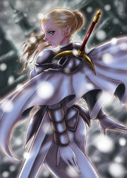  armor ass blonde_hair bodysuit boken_fantasy cape claymore_(series) commentary_request female flat_ass gloves grey_eyes highres looking_at_viewer looking_back ponytail snow solo sword veronica_(claymore) weapon 