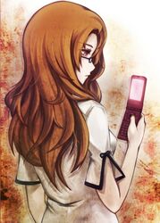  brown_hair cellphone cofi_(eternal) commentary_request female from_behind glasses kiryuu_moeka long_hair phone red_eyes solo steins;gate 