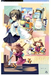  &gt;_&lt; 5girls absurdres brown_hair chibi closed_eyes fue_(tsuzuku) girl&#039;s_avenue glasses highres imageboard_desourced japanese_clothes kneehighs loafers megami_magazine multiple_girls non-web_source red_eyes school_uniform serafuku shoes skirt socks white_legwear |_| 