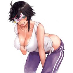  ahoge ass bare_shoulders bent_over black_hair blue_eyes blush breasts collarbone commentary_request covered_nipples covering_own_eyes female hanging_breasts indie_virtual_youtuber large_breasts leaning_forward looking_at_viewer minori_yumeko multicolored_hair ofuda one_eye_covered open_mouth pants purple_pants scoop_neck short_hair shu-mai simple_background solo streaked_hair tank_top tongue tongue_out track_pants virtual_youtuber white_background white_tank_top 