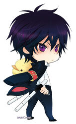  1boy bad_id bad_pixiv_id bird black_hair chibi chick hibari_kyouya hibird jacket jacket_on_shoulders katekyo_hitman_reborn! male_focus photoshop_(medium) purple_eyes simple_background solo takagi_kouen tonfa weapon 