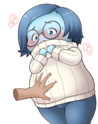  artist_request blue_eyes blue_hair blue_skin blush female glasses inside_out sadness_(inside_out) sweater tears 