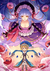  :d achan_(blue_semi) blonde_hair blue_eyes blue_hat blush bonnet breasts brown_eyes cleavage closed_mouth collarbone commentary_request curly_hair dress female floating_hair flower gem granblue_fantasy hat highres long_hair long_sleeves looking_at_viewer medium_breasts morphe_(granblue_fantasy) open_mouth outstretched_arms phoebe_(granblue_fantasy) puppet puppet_strings purple_hair short_hair smile standing very_long_hair 