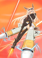  bird_girl bird_tail blonde_hair blue_eyes blush commentary_request female flying goggles goggles_on_head grin gun hanna-justina_marseille head_wings laser long_hair masana_hatuse military military_uniform perspective skirt smile solo striker_unit tail uniform weapon wings witches_of_africa world_witches_series 