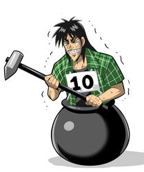  &gt;_&lt; 1boy black_hair cauldron closed_eyes commentary_request crossover crying fukumoto_nobuyuki_(style) getting_over_it hammer holding in_cauldron itou_kaiji kaiji konno_tohiro long_hair male_focus official_style parody plaid sledgehammer solo style_parody sweat tears trembling 