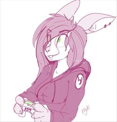  anthro arms_bent black_hair clothed clothing controller digital_media_(artwork) dragk dualshock dualshock_4 erikka female fur game_controller gaming hair holding_controller holding_game_controller holding_object hoodie lagomorph leporid mammal paws playing_video_game playstation playstation_4 playstation_controller rabbit simple_background smile solo sony_corporation sony_interactive_entertainment sweater tomboy topwear white_body white_fur wireless_controller 