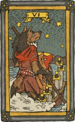  2018 boat brown_body brown_fur canid canine canis card card_template clothed clothing domestic_dog duo fortune_telling fur german_shepherd hair herding_dog looking_up mammal melee_weapon minor_arcana musorok outside pastoral_dog red_body red_fur roman_numeral scar six_of_swords_(tarot) sky standing star sword swords_(tarot) tarot tarot_card vehicle watercraft weapon 