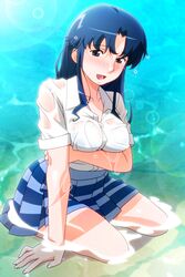  arm_under_breasts blue_eyes blue_hair blue_skirt blush breasts female fujiwara_aya full_body long_hair miniskirt non-web_source official_art open_mouth photoshop_(medium) pleated_skirt school_uniform shirt shirt_tucked_in short_sleeves sitting skirt solo striped_clothes striped_skirt super_real_mahjong tanaka_ryou wariza water wet wet_clothes wet_shirt white_shirt 