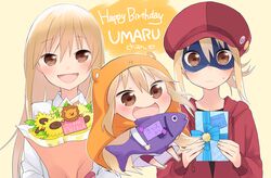  3girls :d birthday blonde_hair bouquet box brown_eyes cabbie_hat character_name chibi commentary_request doma_umaru domino_mask english_text fish flower gift gift_box hair_between_eyes hamster_hood happy_birthday hat hijiki_(hijikini) himouto!_umaru-chan hood hoodie komaru_(himouto!_umaru-chan) long_hair looking_at_viewer mask multiple_girls multiple_persona open_mouth red_hoodie ribbon smile sunflower sweatdrop umr_(himouto!_umaru-chan) very_long_hair wavy_mouth 