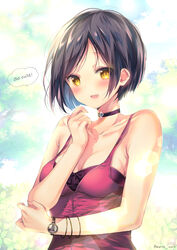  ada_wong bare_arms black_bra black_hair blush bob_cut bra bracelet breasts choker cleavage collarbone dress english_text female green_background hand_to_own_mouth highres jewelry looking_at_viewer march-bunny medium_breasts open_mouth parted_bangs red_dress resident_evil resident_evil_2 short_hair simple_background sleeveless sleeveless_dress smile solo speech_bubble underwear upper_body watch wristwatch yellow_eyes 