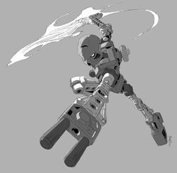  absurdres bionicle flaming_sword flaming_weapon grey_background greyscale highres holding holding_sword holding_weapon jeetdoh kanohi_(bionicle) looking_down mask monochrome robot signature solo sword tahu_(bionicle) the_lego_group weapon 