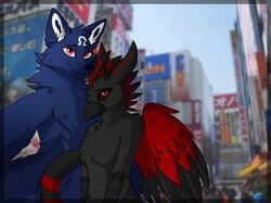  akihabara anthro avian canid canine canis duo female gryphon japan male male/female mammal mythological_avian mythological_creature mythology omega poppy_(disambiguation) ryelletibun selfie wolf 