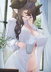  absurdres animal_ears breasts brown_hair cleavage closed_eyes coffee_mug collared_shirt commentary_request covered_nipples cup curtains dress_shirt extra_ears female flower galleon_(granblue_fantasy) granblue_fantasy grey_flower hair_over_one_eye highres holding holding_cup horns indoors large_breasts long_hair long_sleeves mug multicolored_hair naked_shirt navel no_panties nox13 open_mouth pointy_ears shirt smile solo streaked_hair swept_bangs white_shirt window 