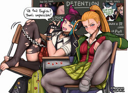  2girls alternate_hairstyle animal_collar antenna_hair backpack bag barefoot belt black_hair black_thighhighs blazer blonde_hair blue_hair blunt_bangs blush breasts cable_knit cammy_white candy chair chalkboard classroom collar commentary delinquent desk english_commentary english_text engrish_text fingerless_gloves food gloves green_jacket green_necktie green_skirt grey_pantyhose hair_horns hair_ornament hair_ribbon hershuar jacket juri_han knit_sweater leg_up loafers lollipop long_hair loose_belt loose_necktie makeup mascara medium_breasts meta multicolored_hair multiple_girls necktie no_headwear official_alternate_costume pantyhose plaid plaid_skirt ponytail popped_collar purple_eyes purple_hair ranguage red_skirt red_sweater ribbon scar scar_on_cheek scar_on_face school_desk school_uniform shoes short_hair sitting skirt skull_hair_ornament sleeves_past_wrists speech_bubble stirrup_legwear street_fighter street_fighter_v striped_necktie studded_bracelet studded_gloves sweatdrop sweater teeth thick_thighs thighhighs thighs toeless_legwear toes torn_clothes torn_thighhighs upper_teeth_only 