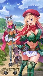  2girls absurdres alleyne_(queen&#039;s_blade) alleyne_(queen&#039;s_blade_unlimited) armor belt beret bikini_armor blonde_hair blue_eyes blue_hair blue_sky blush boots bouncing_breasts bow braid breasts cleavage cloud cloudy_sky commentary_request company_connection copyright_name covered_nipples dark-skinned_female dark_skin day dress elf feline gloves green_gloves grey_legwear hairband hairbow hat highres irma_(queen&#039;s_blade) irma_(queen&#039;s_blade_unlimited) logo long_hair medium_breasts midriff miniskirt multiple_girls navel official_art oosaki_shin&#039;ya open_mouth outdoors pink_eyes pointy_ears queen&#039;s_blade queen&#039;s_blade_unlimited queen&#039;s_blade_white_triangle running scarf shiny_skin short_dress short_hair side_braid skindentation skirt sky stomach sweat thigh_boots thighhighs tree very_long_hair zettai_ryouiki 