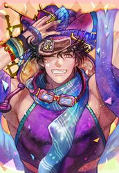  1boy adjusting_clothes adjusting_headwear az_(kroneko007) battle_tendency black_hair blue_eyes blue_scarf bomber_hat bracelet confetti facial_mark fangs fingerless_gloves fur_hat gloves goggles goggles_around_neck grin hat hat_over_hat jewelry jojo_no_kimyou_na_bouken joseph_joestar joseph_joestar_(young) male_focus multiple_hats multiple_scarves official_alternate_costume one_eye_closed scarf smile solo stacked_hats star_(symbol) star_print ushanka 