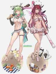  2girls alternate_costume antlers arm_strap bag beach bell bikini bikini_skirt bloom_(irys) blue_eyes blue_nails branch breasts bridal_gauntlets can cantaloupe ceres_fauna choker collarbone commentary crossed_bangs demon_wings drink_can drinking_straw eliskalti english_commentary eyelashes fangs feet flower food frilled_bikini frills fruit full_body gloom_(irys) green_hair grey_background guyrys hair_between_eyes hair_flower hair_ornament hair_over_one_eye hairband hakos_baelz hand_up handbag head_tilt head_wings heterochromia high_heels highleg highleg_bikini highres holding hololive hololive_english horns irys_(hololive) large_breasts leaning_to_the_side legs long_hair looking_at_viewer lotion micro_shorts multicolored_hair multiple_girls nail_polish navel neck_bell nemu_(ceres_fauna) open_mouth orange_eyes parted_lips pink_eyes pink_nails pointy_ears red_hair sand sandals sapling_(ceres_fauna) shadow shiny_skin shorts sideboob sidelocks skindentation smol_ame soda_can strappy_heels streaked_hair sunglasses sunscreen swimsuit thigh_strap thighs toenail_polish toenails toes underboob virtual_youtuber watson_amelia weapon white_bikini wings 