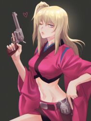  blonde_hair blue_eyes breasts crop_top dual_wielding female gintama grey_background gun heart high_side_ponytail highres holding holding_gun holding_weapon holster kijima_matako long_hair makeup mascara medium_breasts midriff miniskirt navel nito_minatsuki one_eye_closed parted_lips pink_skirt side_ponytail skirt solo stomach weapon wide_sleeves 