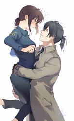  1boy black_pants blush brown_gloves coat commentary eye_contact female flustered ginoza_nobuchika gloves hair_between_eyes highres hug kistina lifting_person long_sleeves looking_at_another open_mouth pants ponytail psycho-pass shimotsuki_mika short_ponytail sidelocks signature simple_background smile straight symbol-only_commentary trench_coat white_background 