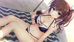  beach bikini black_bikini black_bow blue_eyes bow breasts brown_hair cleavage collarbone cup day drapri_guu-ta-life_2 drinking_straw dutch_angle female game_cg hair_between_eyes hair_ornament hairbow hairclip halterneck highres holding holding_cup ichinose_suzuka large_breasts long_hair looking_at_viewer navel open_mouth outdoors side_ponytail sitting solo swimsuit takano_yuki_(allegro_mistic) wavy_mouth white_bow 